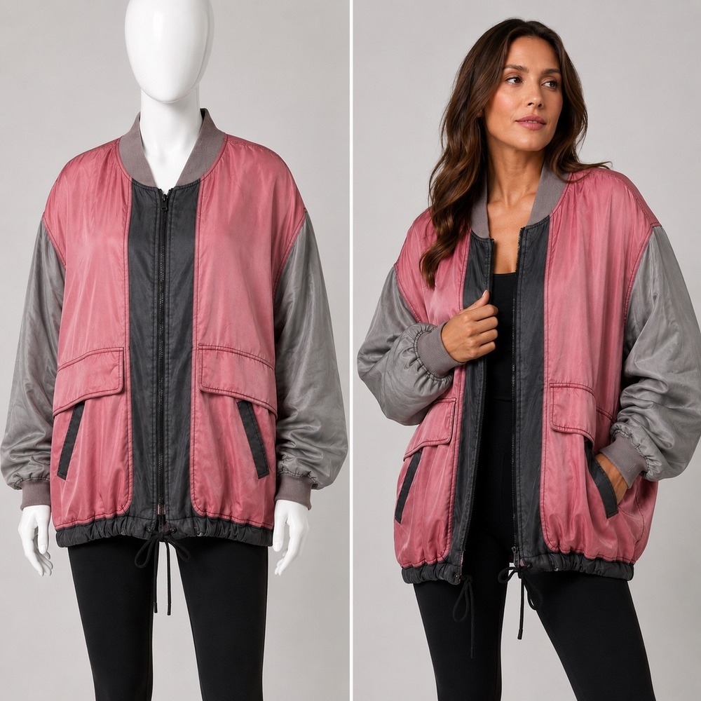 Diane Gilman Bomber Jacket Womens M Pink Grey Silk Colorblock Drawstring Hem